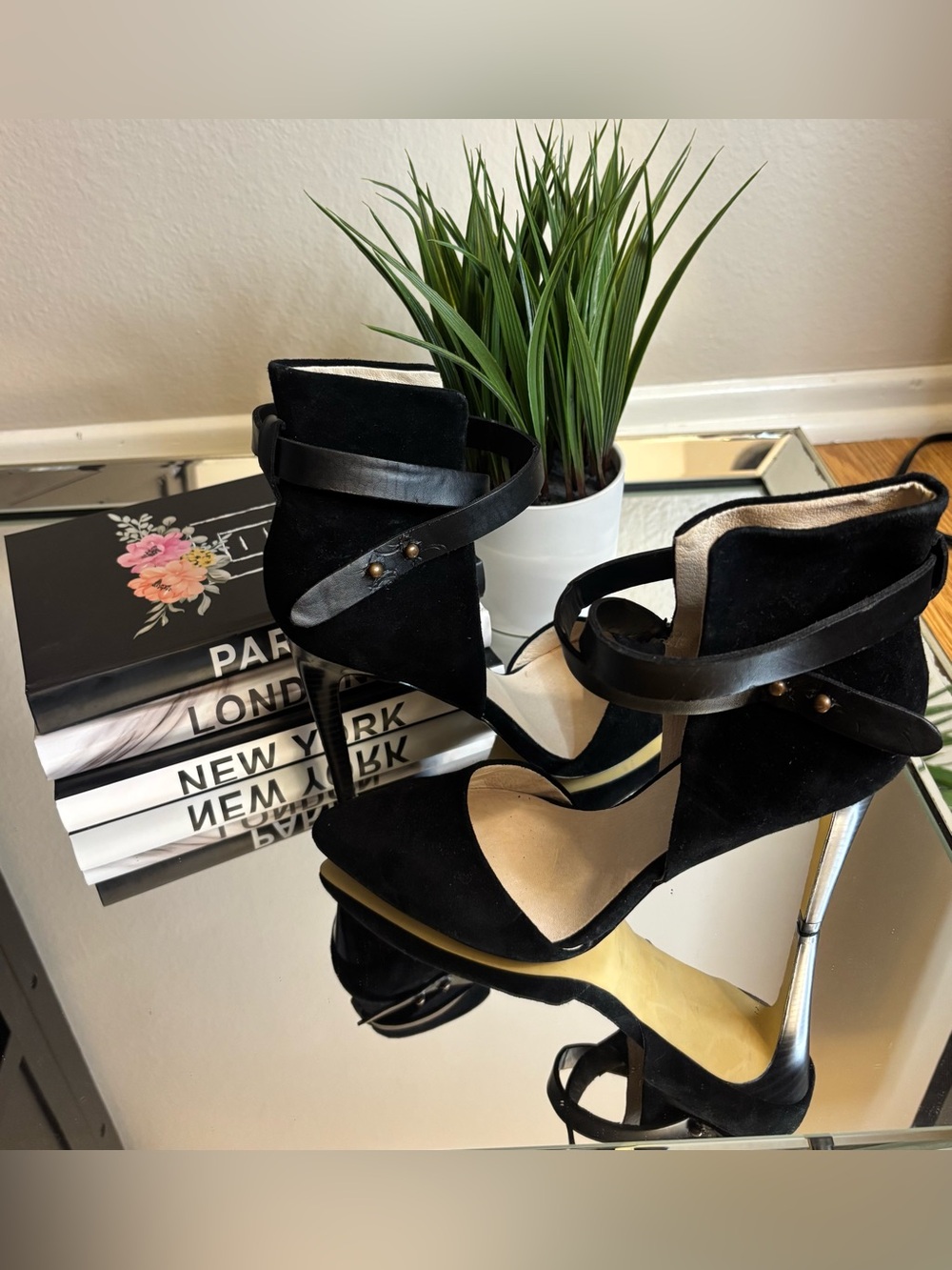 Black Suede Strappy High Heel Sandals